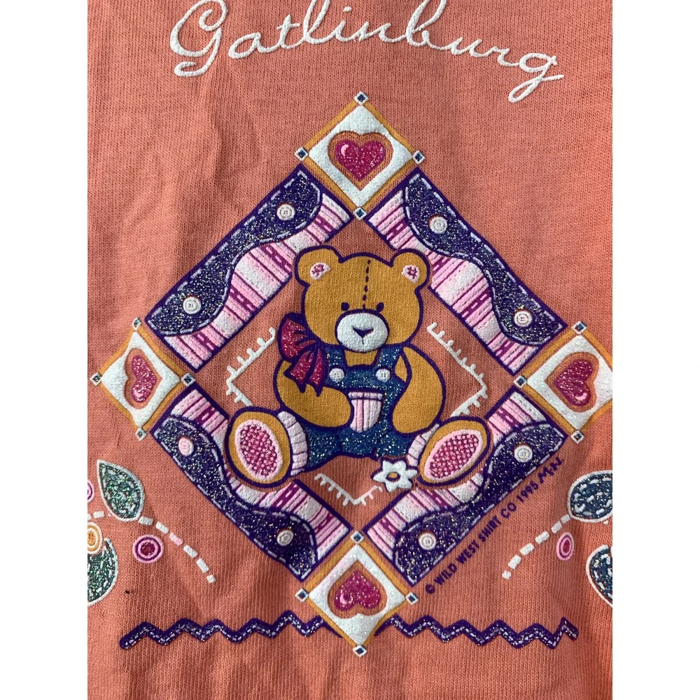 Vintage Smoky Mountains Shirt Pink Gatlinburg Jerzees Teddy Bear T-Shirt VTG L